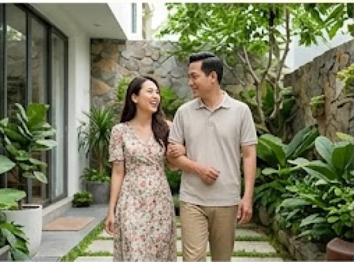 Người phụ nữ bính tý rạng rỡ dạo bước cùng người bạn đời chững chạc thể hiện sự an tâm và hạnh phúc