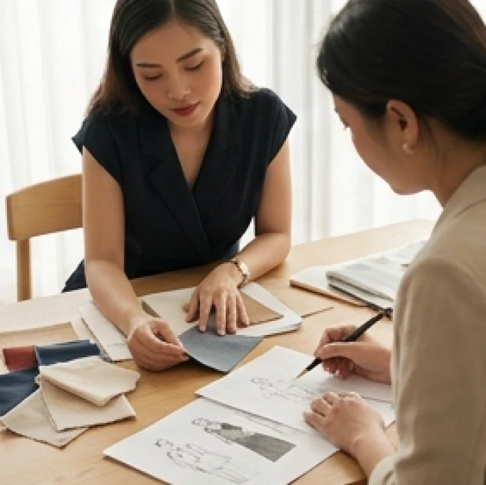 Hai nữ đối tác thảo luận kế hoạch kinh doanh ngành thời trang tại không gian sáng tạo