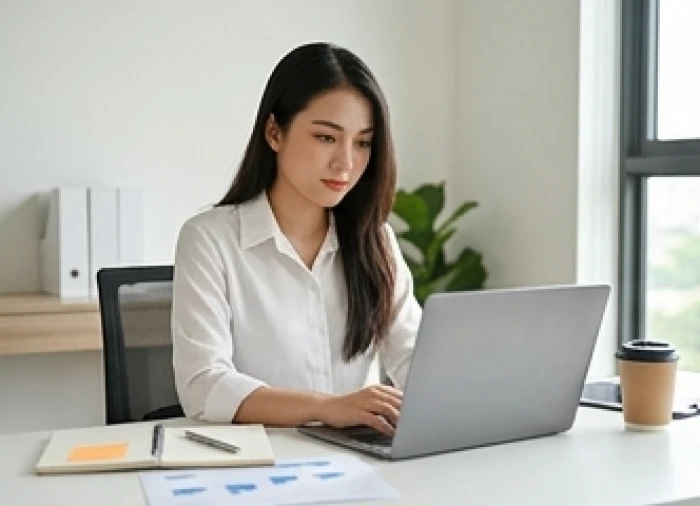 Nữ doanh nhân trẻ tập trung làm việc bên máy tính xách tay trong không gian văn phòng sáng sủa