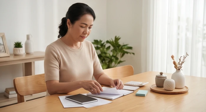 Người phụ nữ tuổi Nhâm Tý sắp xếp gọn gàng sổ sách chi tiêu và dọn dẹp không gian sinh hoạt chung để giải tỏa căng thẳng