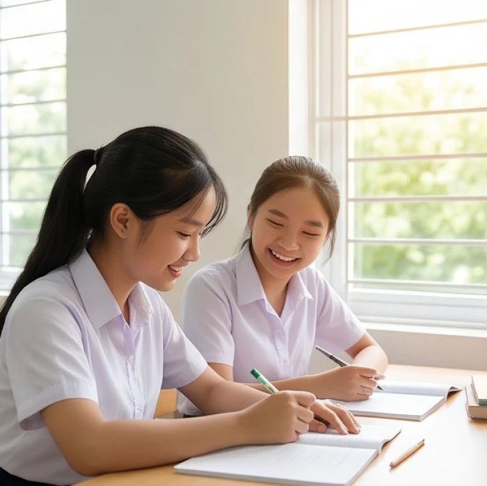 Hai học sinh nữ vui vẻ trao đổi ý kiến và ghi chép bài tập nhóm tại bàn học sát cửa sổ đầy nắng