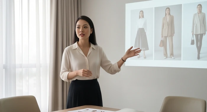 Nữ quản lý đang điều hành buổi thuyết trình chiến lược tiếp thị trực quan