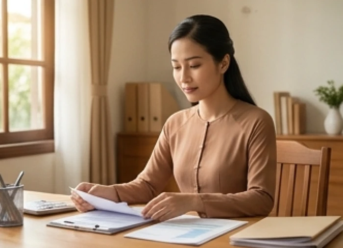 Người phụ nữ điềm đạm đang tập trung sắp xếp lại hồ sơ công việc tại bàn làm việc ở nhà