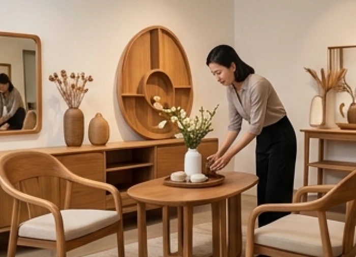 Không gian trưng bày đồ gỗ nội thất tự nhiên được bày trí thanh lịch với ánh sáng ấm áp