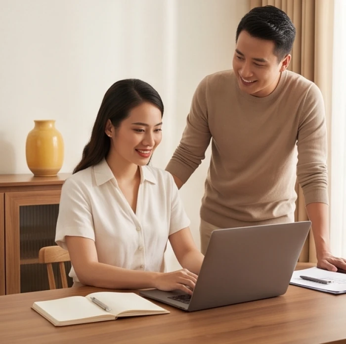 Người phụ nữ Canh Thìn 2000 tự tin làm việc tại nhà với sự đồng hành vững chắc của người chồng bên cạnh