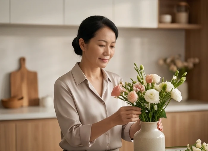 Người phụ nữ trung niên với vẻ mặt hiền hòa đang cắm hoa tĩnh lặng thư giãn tinh thần