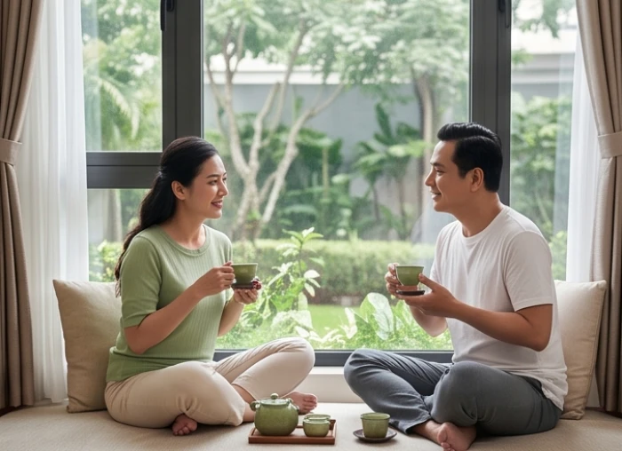 Hai vợ chồng ngồi trò chuyện ấm cúng bên bàn trà trong phòng khách và bàn định kế hoạch tương lai