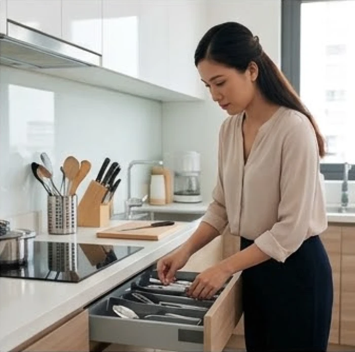 Người phụ nữ đang tỉ mỉ sắp xếp không gian bếp để duy trì trật tự và quy tắc sinh hoạt nội bộ