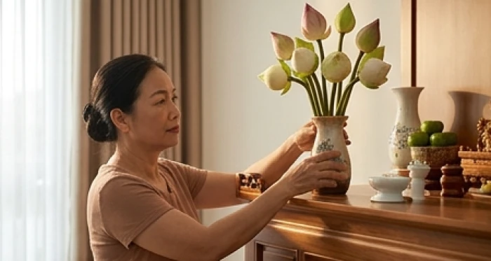 Phụ nữ đứng thắp hương tại bàn thờ gia tiên đặt theo hướng Đông tứ mệnh
