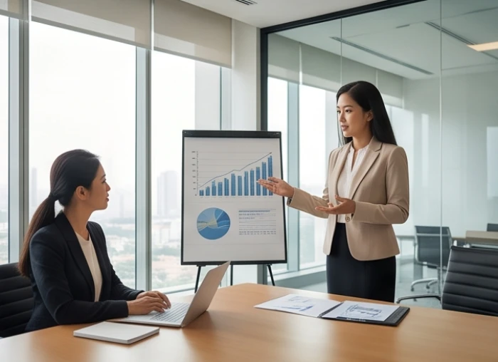 Nữ quản lý tài chính Quý Dậu 1993 đang thuyết trình báo cáo kế hoạch dòng tiền trong phòng họp chuyên nghiệp
