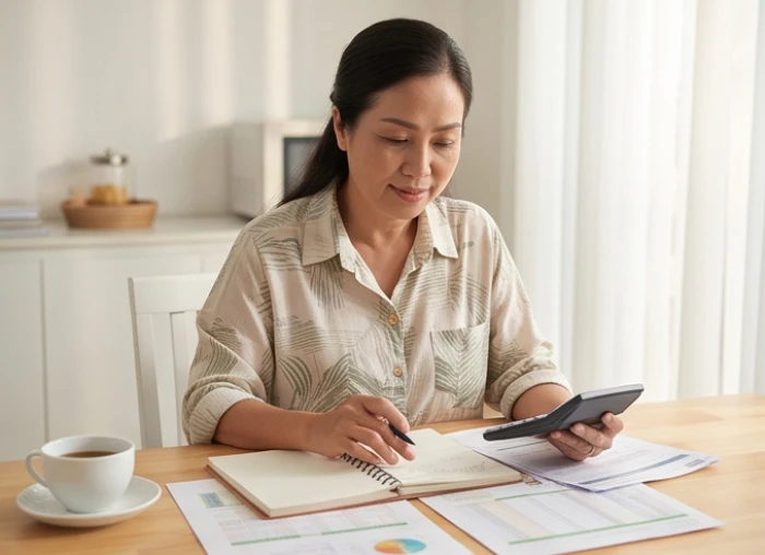 Người nữ 53 tuổi cẩn trọng tính toán sổ sách chi tiêu gia đình để phòng ngừa hạn hao tài từ sao Thái Bạch