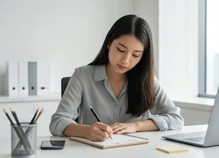 Nữ chuyên viên Giáp Thân 2004 đang tập trung lên kế hoạch truyền thông sáng tạo tại góc làm việc