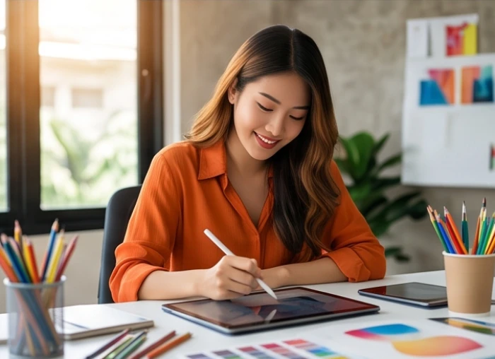 Cô gái trẻ tuổi Giáp Thân năng động đang sử dụng thiết bị công nghệ hiện đại để thiết kế sản phẩm