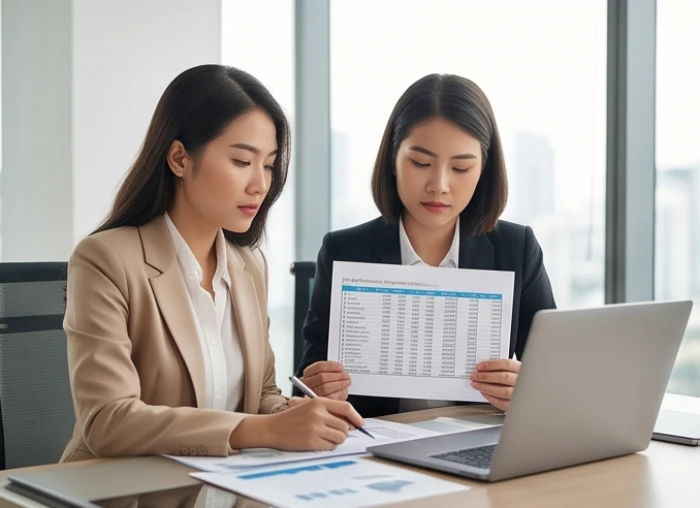 Hai nữ doanh nhân trẻ thảo luận tài liệu kinh doanh trong không gian làm việc sang trọng hiện đại