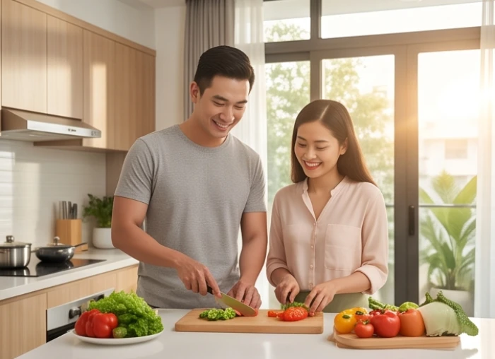 Gia đình trẻ hạnh phúc cùng nhau nấu ăn trong căn bếp hiện đại ngập tràn ánh nắng buổi sáng
