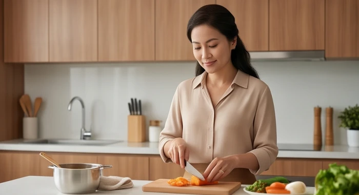 Nữ mạng tuổi Giáp Tý 1984 tận tâm chuẩn bị bữa ăn ấm cúng trong gian bếp hiện đại để giữ gìn hòa khí gia đình