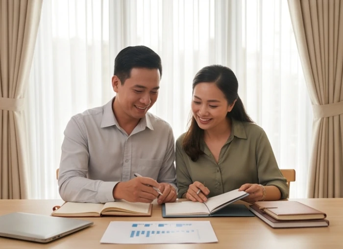 Nữ mạng Giáp Tý 1984 cùng chồng tuổi Mậu Thìn 1988 bàn bạc kế hoạch tài chính gia đình trong không gian ấm cúng