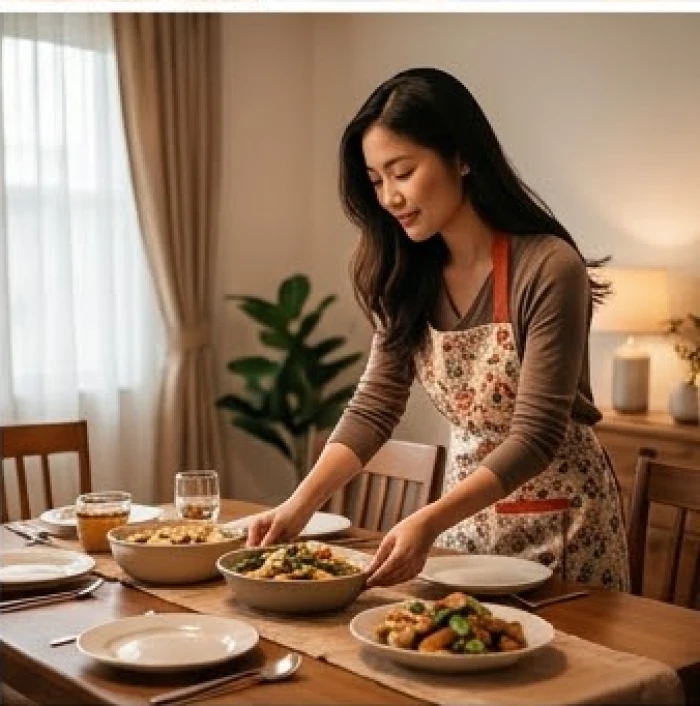 Người phụ nữ tận tụy chăm sóc mâm cơm gia đình thay vì công việc