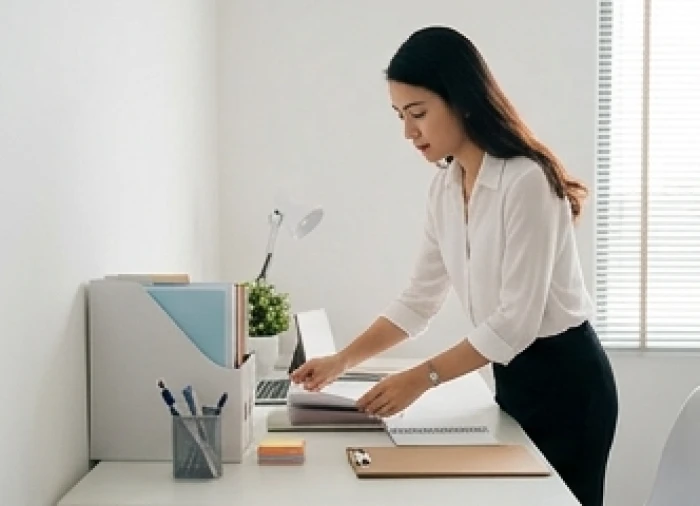 Người phụ nữ đang sắp xếp gọn gàng các vật dụng trên bàn làm việc tại nhà