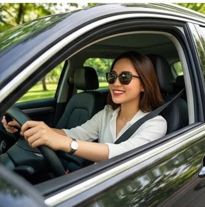 Người phụ nữ trẻ trung tự tin điều khiển chiếc xe hơi thể thao trên đường phố rợp bóng cây