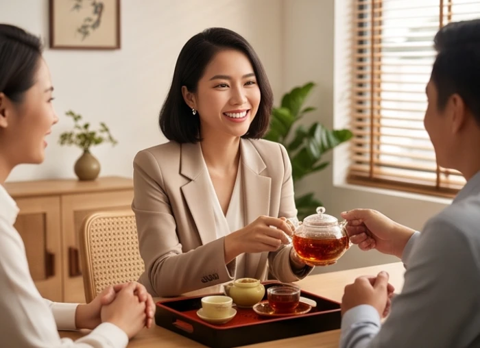 Một nữ nhân viên đang mỉm cười tặng quà nhỏ cho đồng nghiệp để xây dựng mối quan hệ gắn kết