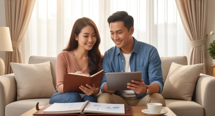 Người vợ Kỷ Mão cùng chồng quản lý sổ sách tài chính gia đình trong phòng khách yên tĩnh