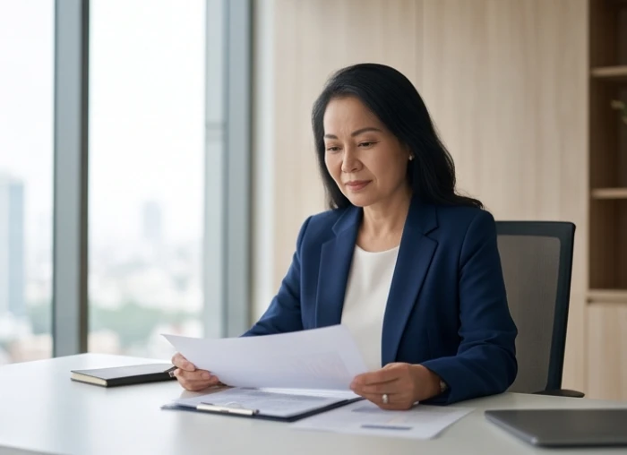 Người phụ nữ trưởng thành mặc trang phục công sở thanh lịch đang tự tin xem xét tài liệu trên bàn làm việc