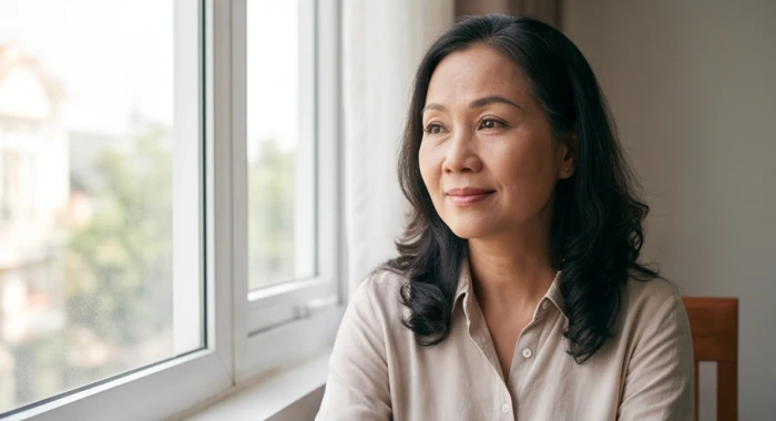 Người phụ nữ mỉm cười hiền hậu nhưng ánh mắt chất chứa nhiều suy tư và lo âu thầm kín