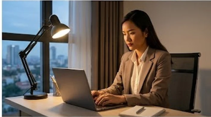 Nữ doanh nhân đang tập trung làm việc bên máy tính với phong thái tự tin và độc lập vào buổi tối
