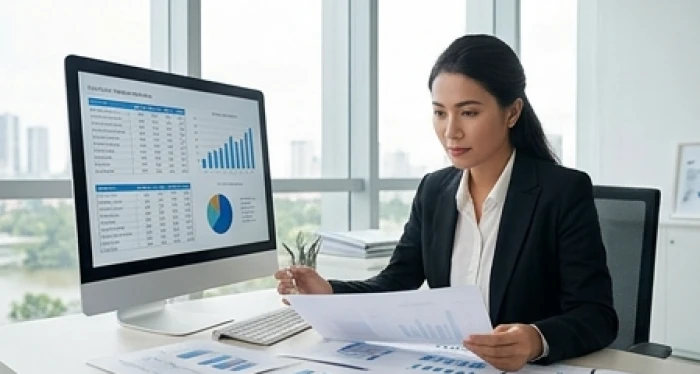 Nữ quản lý cẩn trọng rà soát chi tiết hệ thống hồ sơ và kế hoạch vận hành doanh nghiệp tại văn phòng hiện đại