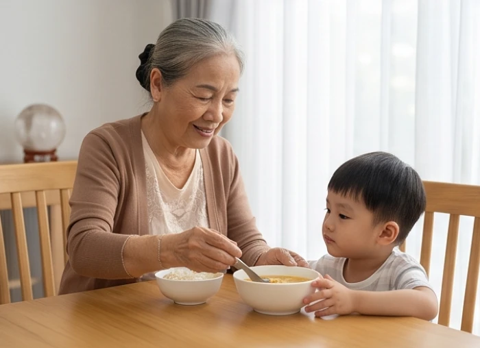 Người bà Tân Tỵ 1941 ân cần chăm chút bữa ăn cho cháu nhỏ trong gian bếp gia đình gọn gàng ấm cúng