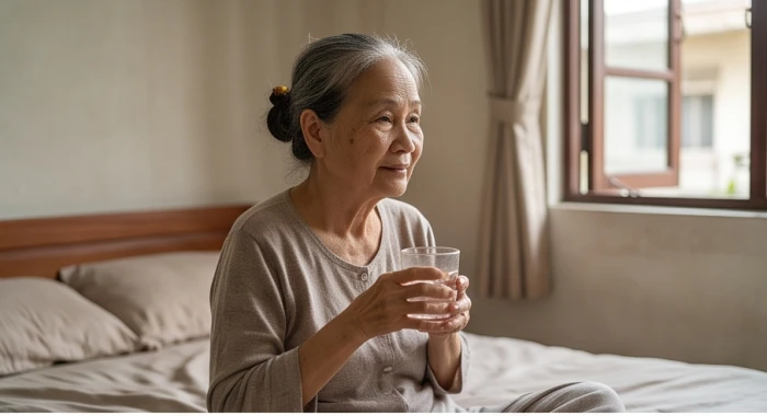 Cụ bà 83 tuổi đang cầm ly nước ấm thưởng thức trước khi đi ngủ tại không gian phòng ngủ vô cùng thoáng mát