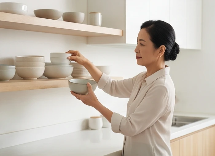 Người phụ nữ trung niên đang cẩn thận sắp xếp từng vật dụng nhỏ trong không gian bếp hiện đại
