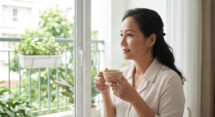 Nữ doanh nhân tuổi Tân Hợi ngồi tĩnh tâm thư giãn bên tách trà ấm để cân bằng cảm xúc sau giờ làm việc