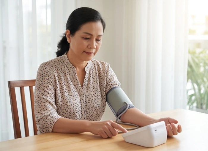 Phụ nữ trung niên bình thản kiểm tra chỉ số huyết áp bằng máy đo điện tử tại bàn trà phòng khách yên tĩnh