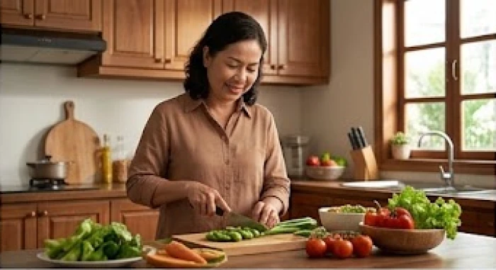Người phụ nữ tuổi Kỷ Mùi 1979 chuẩn bị bữa ăn dinh dưỡng chăm sóc sức khỏe thể chất