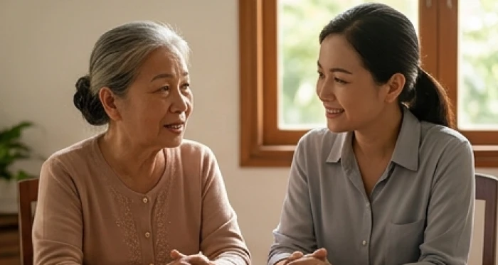 Cụ bà cung cấn thổ mỉm cười an lòng khi được con gái gật đầu lắng nghe những lời dặn dò sinh hoạt