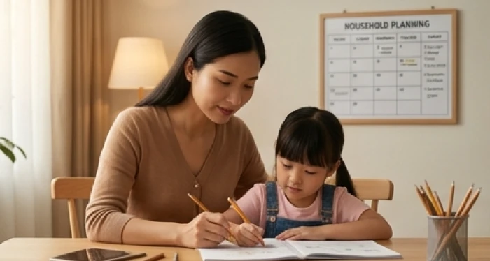 Người mẹ tuổi Sửu 1985 cẩn thận hướng dẫn con học tập và sắp xếp công việc nhà một mình