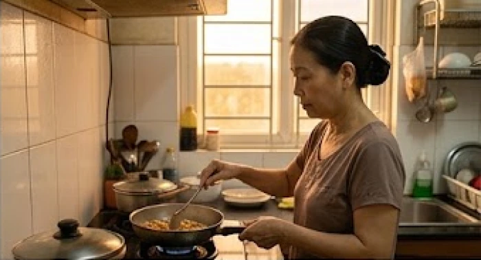 Người mẹ lớn tuổi đang lặng lẽ chuẩn bị bữa cơm tối trong bếp khi cảm thấy những nỗ lực chăm sóc bị phớt lờ