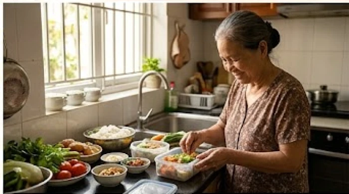 Người phụ nữ cao tuổi đang mỉm cười gói ghém từng hộp thức ăn ngon để dành phần cho con cháu