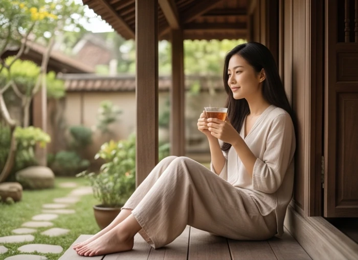 Nữ giới tuổi Bính Tuất ngồi thư thái uống trà bên hiên nhà yên tĩnh để cân bằng năng lượng ngũ hành bản mệnh