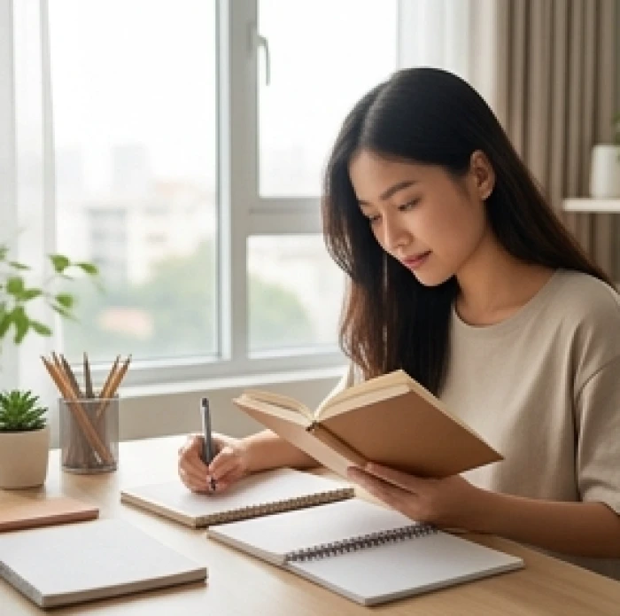 Nữ sinh viên Bính Tuất rạng rỡ ôn thi trong phòng học tràn ngập ánh sáng tự nhiên bên cửa sổ