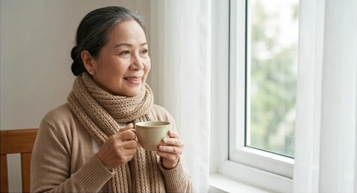 Bác gái 73 tuổi quàng khăn ấm uống trà thảo mộc bảo vệ đường hô hấp khi trời lạnh