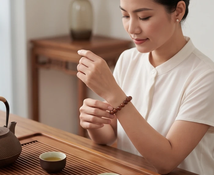 Nữ giới tuổi giáp tuất nhắm mắt hít thở chậm và chạm nhẹ vào vòng tay đá hành thổ để điều hòa cảm xúc khi đối thoại