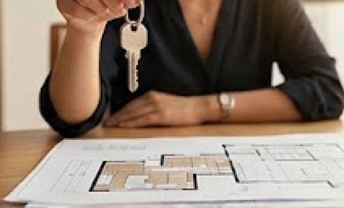 Một phụ nữ tự tin cầm chùm chìa khóa căn hộ mới bên cạnh bản vẽ thiết kế nội thất nhà ở hiện đại