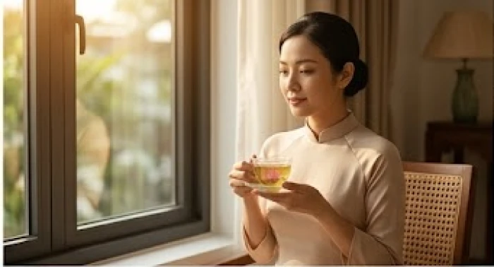 Người phụ nữ Việt Nam điềm tĩnh thưởng trà bên khung cửa sổ để giữ gìn hòa khí và cân bằng năng lượng
