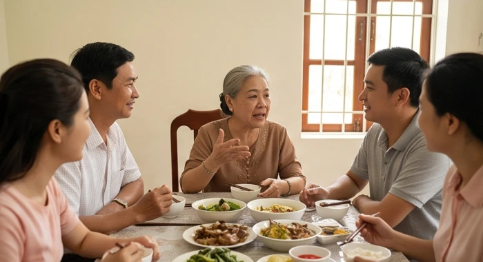 Người bà tuổi Kỷ Sửu 1949 ân cần chia sẻ nỗi lo sức khỏe với con cháu trong bữa cơm gia đình