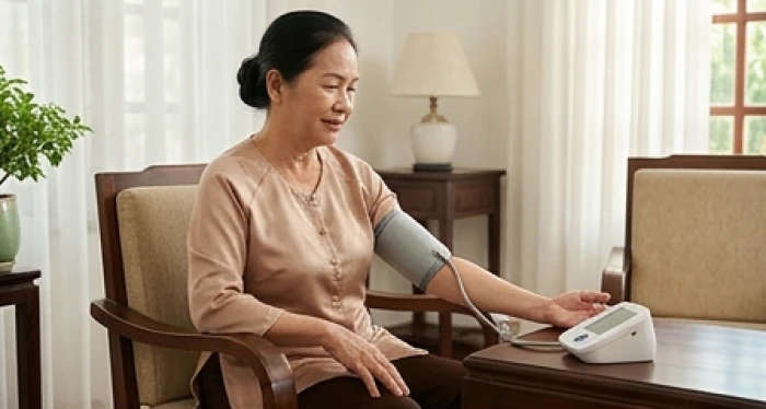 Người phụ nữ cao niên Kỷ Sửu 1949 kiểm tra chỉ số huyết áp hằng ngày trong phòng khách sáng sủa