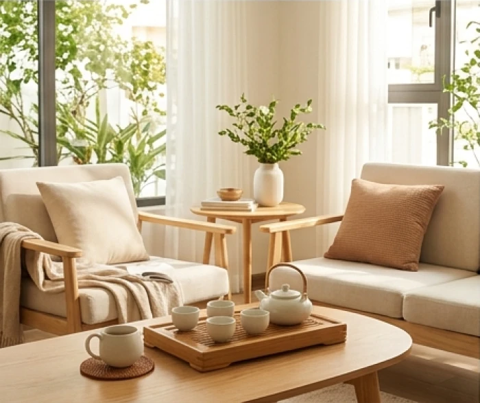 Phòng sinh hoạt gia đình với các tông màu gỗ và gốm sứ hợp phong thủy cho nữ mạng mậu dần 1998