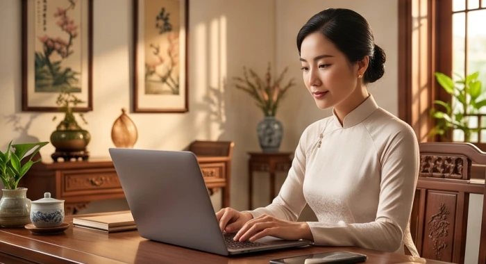 Nữ doanh nhân đang tập trung xử lý công việc với thần thái điềm đạm và phong cách tinh tế